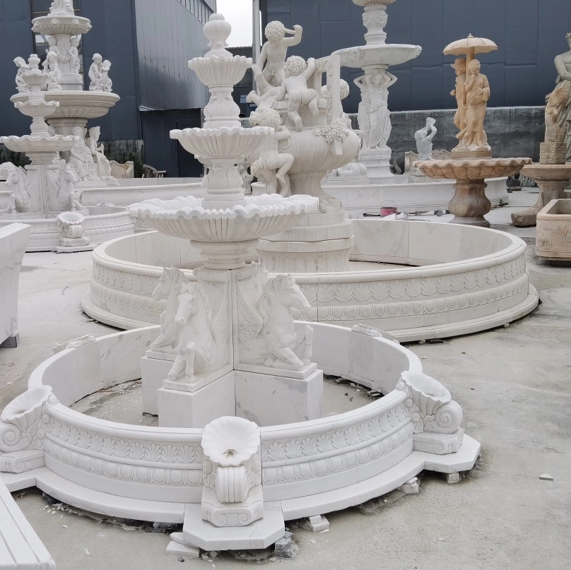 White Natural Stone Horse Can Add LED Water Marble Fountain for Garden Decor